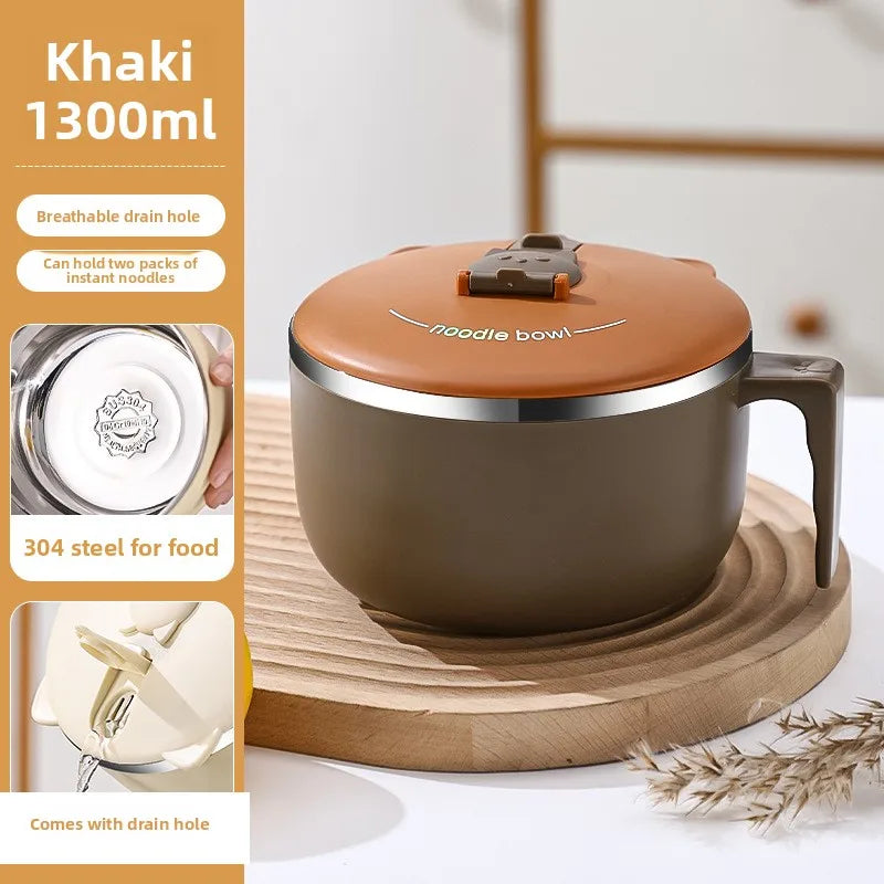 1pc 304 Instant Noodle Bowl - Stainless Steel Large Capacity with Lid Portable Tableware Perfect for Serving Noodles and Rice
