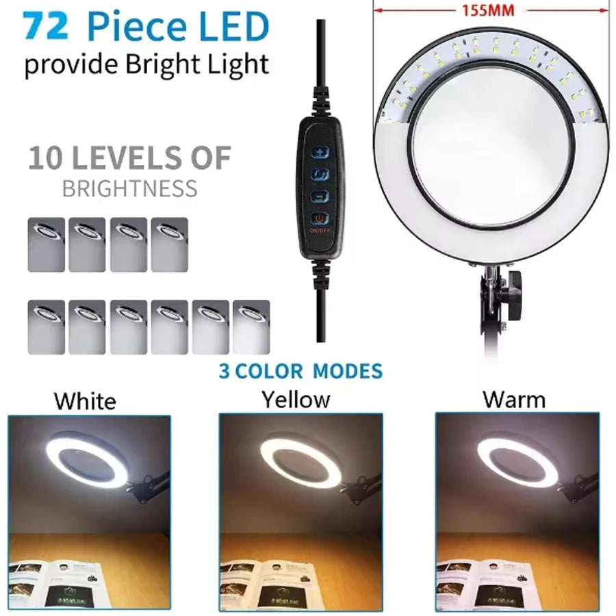 Hot sell 72LED 8X/10X Magnifier USB 3 Colors LED Magnifying Glass for Soldering Iron Repair/Table Lamp/Skincare Beauty tools